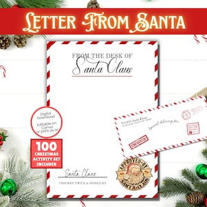 Carta de Papá Noel, papelería imprimible de Papá Noel, papelería oficial con membrete de Papá Noel, sobre oficial con sello de Papá Noel, imprimible navideño