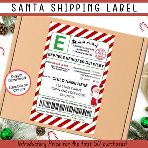 Etiqueta de envío de Papá Noel editable, etiquetas de entrega al Polo Norte, correo de Papá Noel, etiqueta oficial de entrega de Papá Noel, calcomanía del Polo Norte, paquete de regalo de Papá Noel