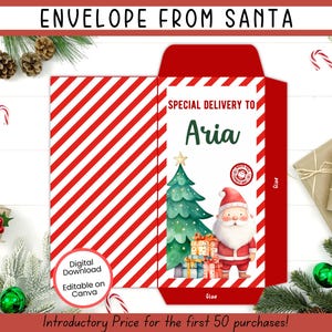 Plantilla editable de sobre para Papá Noel, sobre para carta de Papá Noel, sobre para carta a Papá Noel, sobre para correo de Papá Noel, portamonedas, regalo de Papá Noel
