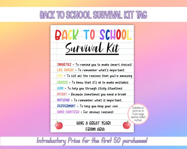 EDITABLE Back to School Survival Kit, First Day of School Gift Tag ...