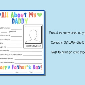 Father's Day Printable, All About My Daddy, Fathers Day Gift, Card for ...