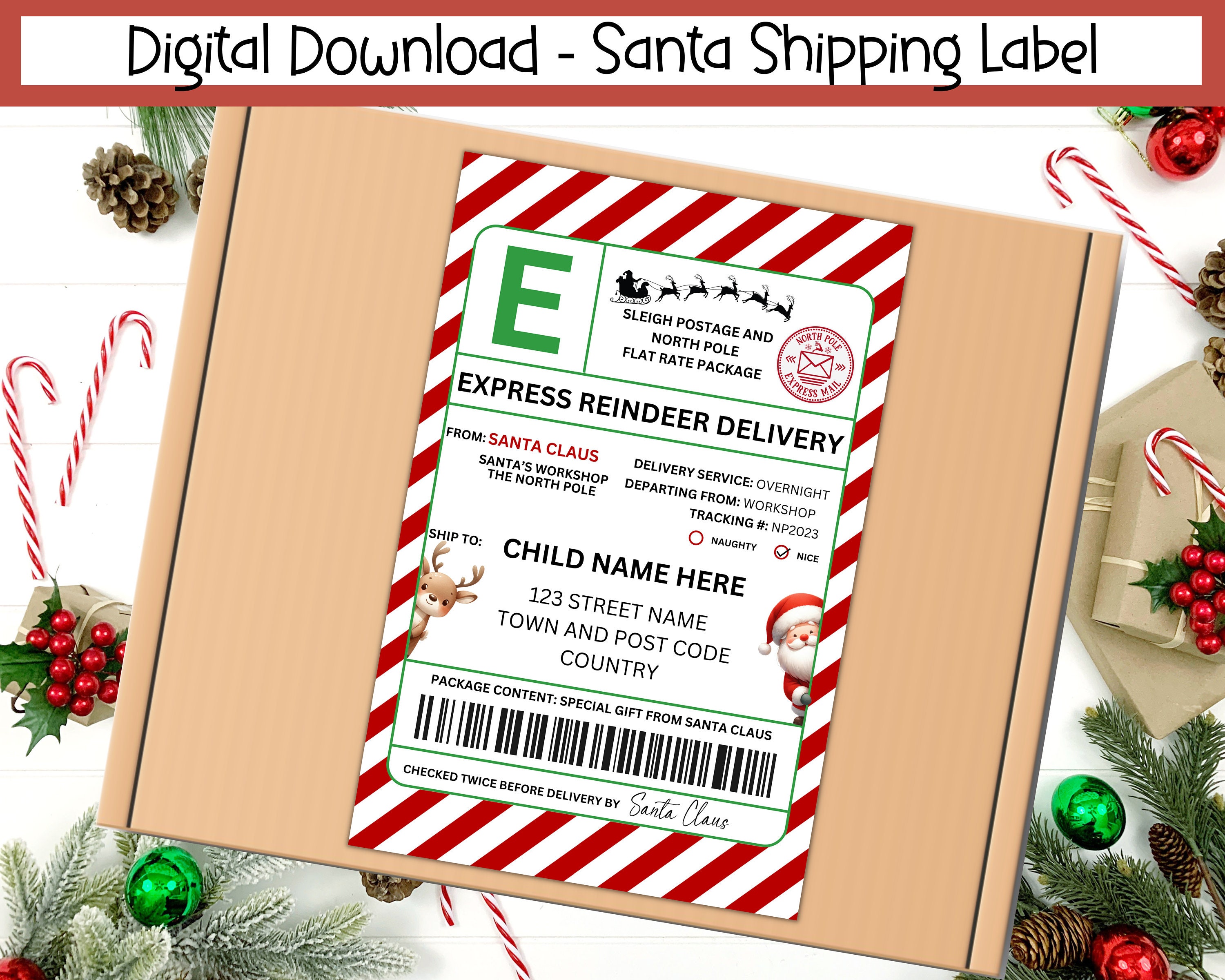  North Pole Express Delivery Service - Elf Inspected and  Approved - Jumbo Large Holiday Gift Tag to from with Red Ribbon 7 x 5  inches : Health & Household