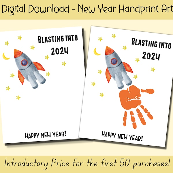 2024 New Year Handprint Art, Preschool New Year Art, New Year Toddler Craft, 2024 Handprint Craft, New Year's Day Activity, New Year Craft