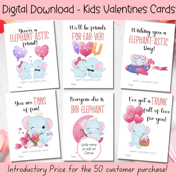 EDITABLE Elephant Valentine Cards, Classroom Valentines Day Cards, Kids Valentines, Girls Valentine, Valentine cards for kids classroom