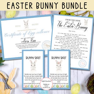 Paquete de conejito de Pascua, etiqueta de cebo de conejito de Pascua azul, carta de conejito de Pascua editable, certificado de conejito de Pascua, etiquetas de regalo de Pascua, imprimible de Pascua
