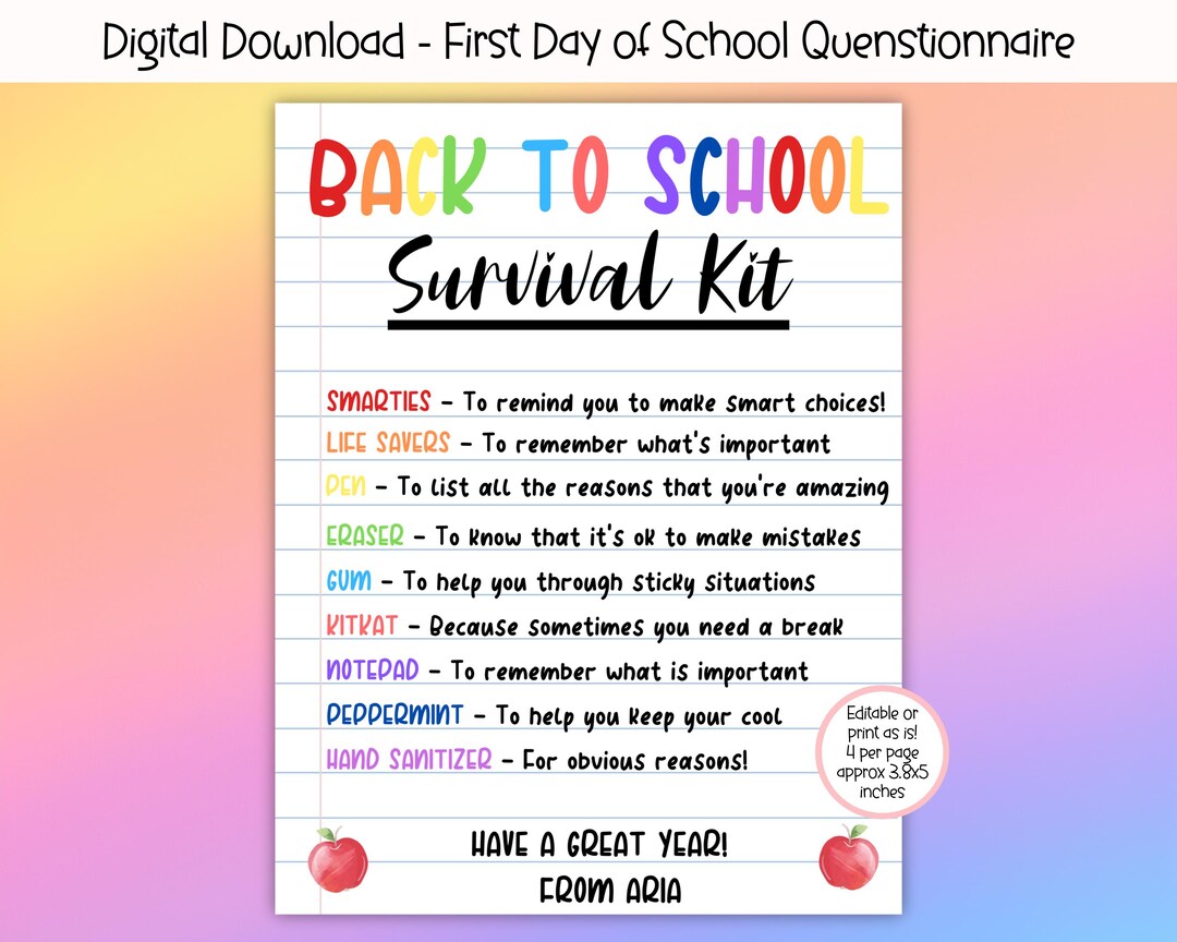 EDITABLE Back to School Survival Kit, First Day of School Gift Tag ...