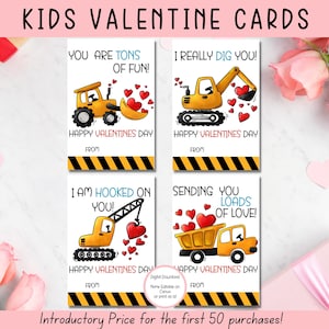 EDITABLE Classroom Valentines Day Cards, Printable Construction Valentines Cards, Kids Valentines, Tractor Digger Boy Valentines Day Cards