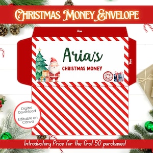 Plantilla editable de sobre navideño para dinero, sobre para regalo navideño, plantilla de sobre para guardar dinero, sobre de Papá Noel, regalo de Papá Noel