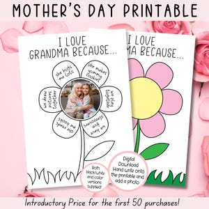 Imprimible para el Día de la Madre, Amo a mi abuela porque, Regalo para el Día de la Madre, Tarjeta para Mamá, Dibujos para Colorear para el Día de la Madre, Página de Actividades para el Día de la Madre