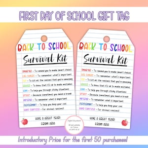EDITABLE Back To School Survival Kit, First Day Of School Gift Tag, Back To School Gift Tag, Teacher Thank You Gift Tag, First Day Of School