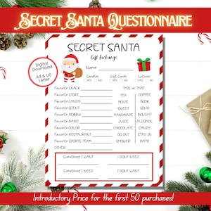 Secret Santa Questionnaire, Secret Santa Gift Exchange for Co-Workers, Printable Secret Santa Form, Secret Santa Wish List