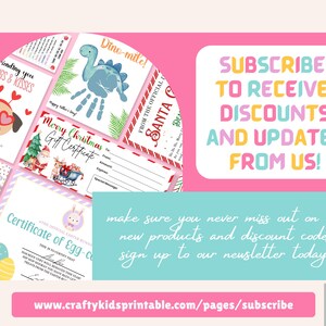 May include: A collection of printable cards and certificates with a pink and teal background. The cards include a pug wearing heart-shaped glasses, a dinosaur handprint, and a Christmas gift certificate. The image also includes the text "Subscribe to receive discounts and updates from us!"