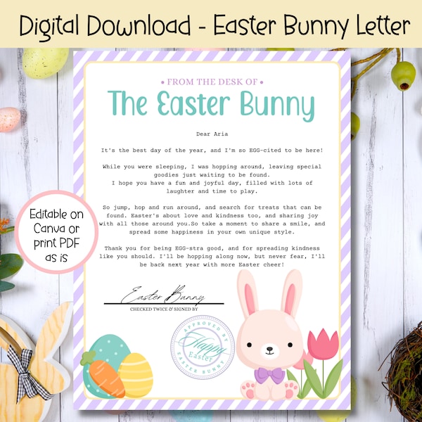 EDITABLE Letter From Easter Bunny, Purple Printable Easter Bunny Letter, Easter Printable, Official Letter from The Desk of the Easter Bunny