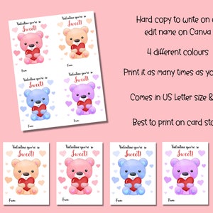 EDITABLE Printable Teddy Bear Valentine Cards, Classroom Valentines Day Cards, Kids Valentines ...