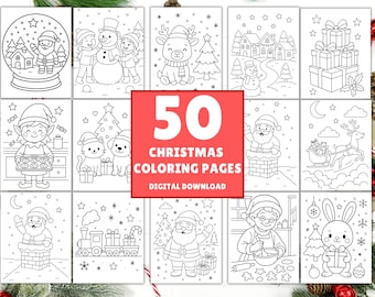 May include: A collection of 50 Christmas coloring pages, featuring various holiday scenes. Images include Santa Claus, snowmen, reindeer, elves, and gifts. The text "50 Christmas Coloring Pages Digital Download" is displayed in a red rectangle.