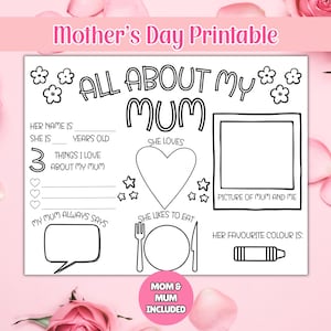 Mother's Day Printable, All About My Mum, Mothers Day Gift, Card for Mum, Activity Page, Mothers Day Coloring In Page, Mothers Day Activity image 1