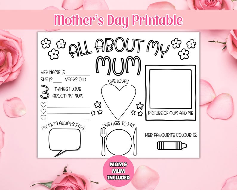 Mother's Day Printable, All About My Mum, Mothers Day Gift, Card for Mum, Activity Page, Mothers Day Coloring In Page, Mothers Day Activity image 1