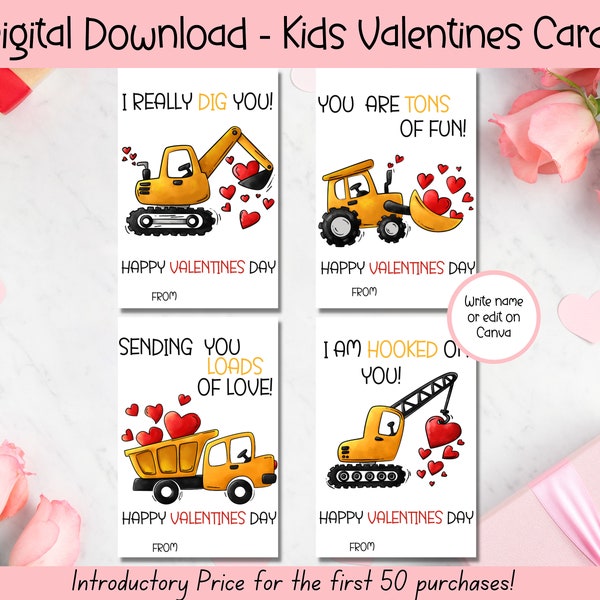 EDITABLE Printable Construction Valentines Cards, Classroom Valentines Day Cards, Kids Valentines, Tractor Digger Boy Valentines Day Cards