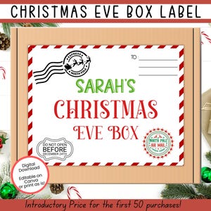 Etiqueta EDITÁVEL para Caixa de Véspera de Natal, Placa para Caixa de Véspera de Natal para Imprimir, Caixa de Entrega Noite Antes do Natal, Acessórios para Caixa de Véspera de Natal