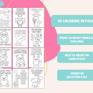 May include: A collection of 20 colouring pages featuring adorable animal drawings and pun-based phrases such as "Bee Mine" and "I'm Slowly Falling For You." The pages are designed for card stock printing and are available in US Letter and A4 sizes.