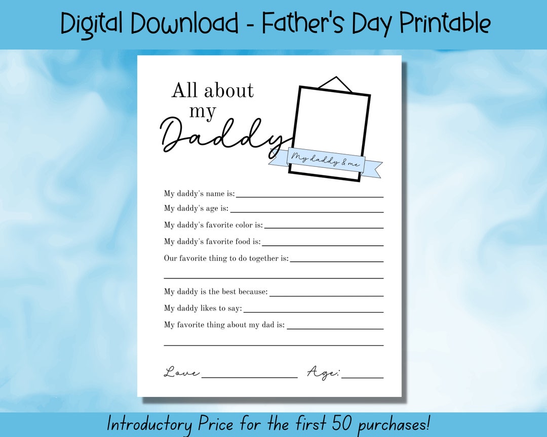 Father's Day Printable, All About My Dad, Fathers Day Gift, Card for ...