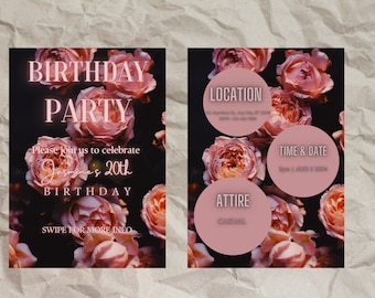 May include: A pink and white birthday party invitation with a floral background. The text reads "Birthday Party", "Please join us to celebrate Jasmine's 20th Birthday", "Swipe for more info", "Location", "Time & Date", and "Attire: Casual".