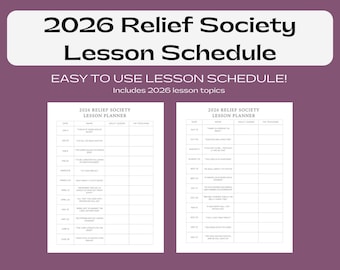 Op de afbeelding: Een lesrooster voor de Relief Society 2026, met een witte achtergrond en een paarse rand. De tekst "2026 Relief Society Lesson Schedule" staat bovenaan. Het rooster bevat lesonderwerpen en is gemakkelijk te gebruiken.