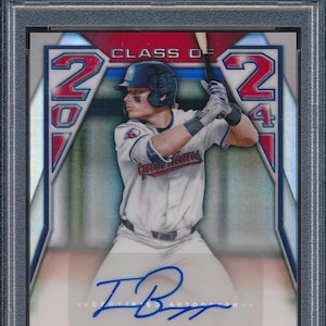 May include: A baseball trading card featuring Travis Bazzana of the Cleveland Guardians. The card is from the 2024 Bowman Draft series and includes an autograph. The card is graded GEM MT 10 by PSA.