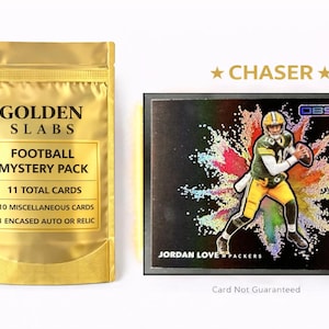Peut inclure: Un pack mystère de football en feuille d'or avec le texte "Golden Slabs" et "11 cartes au total". À côté, une carte de collection Jordan Love Packers avec un fond coloré et le mot "Obsidian".