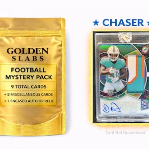 May include: A gold-colored pouch labeled Golden Slabs Football Mystery Pack containing 9 total cards, including 8 miscellaneous cards and 1 encased auto or relic. Next to it is a chaser card featuring a football player in a teal jersey with a relic.