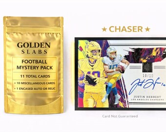 NFL Football Hot Pack:1 Guaranteed Auto or Relic Encased Card+10 Miscellaneous Cards! Justin Herbert Canvas Creations Auto /10 Chaser