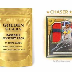 May include: A golden foil baseball mystery pack with the text "GOLDEN SLABS" and "BASEBALL MYSTERY PACK". The pack contains 11 total cards, including an encased auto or relic. A baseball card with a player's signature is also shown.