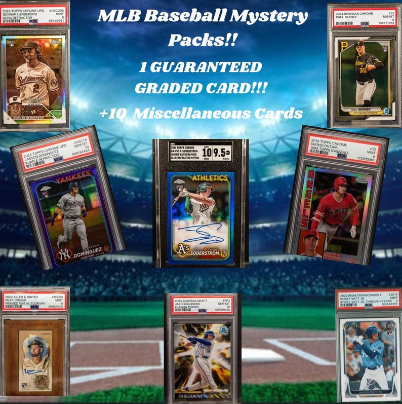 May include: MLB Baseball Mystery Packs with graded baseball cards. The image shows multiple baseball cards in protective cases, featuring players from various teams. Text on the image reads "1 Guaranteed Graded Card!!" and "+10 Miscellaneous Cards."
