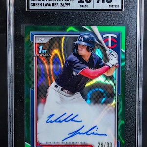 Walker Jenkins Bowman Chrome Green Rookie Auto /99 Chaser Pack 1 tarjeta calificada garantizada (Grado 8+ garantizado) + 8 tarjetas misceláneas. -LEER
