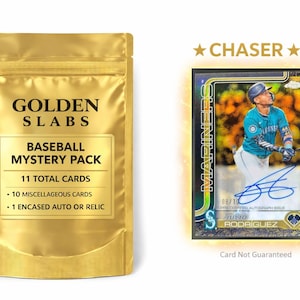 May include: A gold-colored pouch labeled GOLDEN SLABS BASEBALL MYSTERY PACK containing 11 total cards, including 10 miscellaneous cards and 1 encased auto or relic. Next to it is a Julio Rodriguez baseball card labeled CHASER with a blue autograph.
