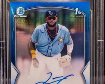 Paquete de béisbol de la MLB: ¡1 tarjeta con calificación garantizada + 10 tarjetas varias! Bowman Chrome Junior Caminero Blue Rookie Auto / Paquete Chaser de 150 - LEER