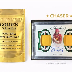 Paquete de fútbol americano de la NFL: ¡1 tarjeta autografiada o conmemorativa garantizada + 10 tarjetas variadas! Brock Purdy Flawless Collegiate Dual Patch Auto / 5 Chaser