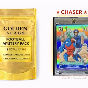 May include: A gold foil Football Mystery Pack with the text "Golden Slabs" and "13 Total Cards." Next to it is a Jaxson Dart football card in a protective case. The card features a player and a blue cartoon character.