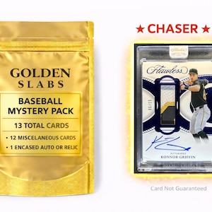 May include: A gold-colored pouch labeled GOLDEN SLABS BASEBALL MYSTERY PACK containing 13 total cards, including 12 miscellaneous cards and 1 encased auto or relic. Next to it is a CHASER card featuring Konnor Griffin in a protective case.