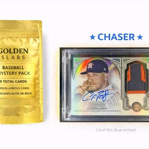 May include: A gold foil package labeled "GOLDEN SLABS BASEBALL MYSTERY PACK" with text indicating 9 total cards, including auto or relic cards. Next to it is a baseball card of Alex Bregman, encased in a protective case, with a jersey patch.