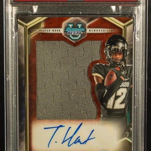 NFL Football Hot Pack: 1 garanterat graderat kort + 10 diverse kort! Bowman University Travis Hunter Rookie Patch Auto Chaser Pack - LÄS