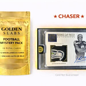 May include: A gold-colored Golden Slabs football mystery pack containing 13 total cards, including 12 miscellaneous cards and 1 encased auto or relic. Next to it is a Kenneth Walker III rookie cap patch autograph card in a protective case.