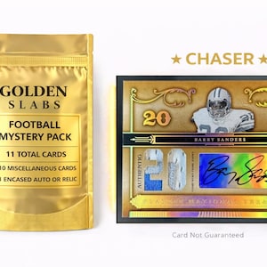 May include: A gold foil pouch labeled Golden Slabs Football Mystery Pack with 11 total cards, including 10 miscellaneous cards and 1 encased auto or relic. Beside it is a rectangular trading card featuring Barry Sanders with a signature.
