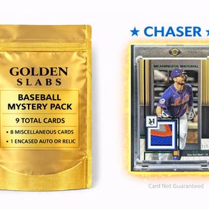 May include: A golden foil baseball mystery pack next to a baseball card in a protective case. The pack reads "GOLDEN SLABS BASEBALL MYSTERY PACK" and includes 9 total cards. The card is a "CHASER" with a player in a Mets uniform.