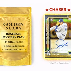 May include: A golden baseball mystery pack with the text "GOLDEN SLABS BASEBALL MYSTERY PACK" and a baseball card with a player in a blue uniform. The card is labeled "CHASER". The pack contains 13 total cards.