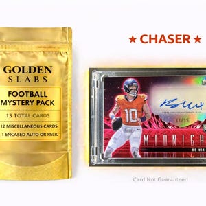 May include: A golden Football Mystery Pack with 13 total cards, including 12 miscellaneous cards and 1 encased auto or relic. A football card is displayed in a protective case, featuring a player in an orange uniform. The text "CHASER" is visible.