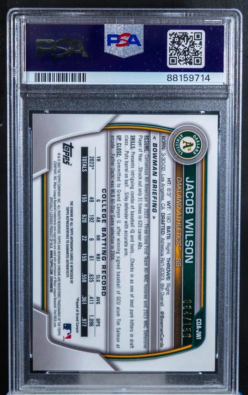 May include: A baseball card encased in a protective holder, featuring Jacob Wilson of the Oakland Athletics. The card displays player stats, team logo, and a PSA authentication label. The card is numbered 064/150.