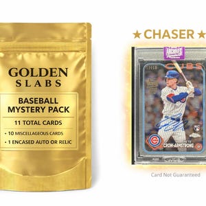 Pode incluir: Um pacote misterioso de beisebol dourado com o texto "Golden Slabs" e "Baseball Mystery Pack". O pacote contém 11 cartas no total, incluindo 10 cartas diversas e 1 auto ou relíquia encapsulada. Ao lado, um cartão de beisebol.