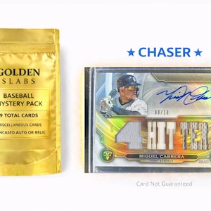 May include: A gold foil pouch labeled Golden Slabs Baseball Mystery Pack with 9 total cards, including 8 miscellaneous cards and 1 encased auto or relic. Beside it is a Miguel Cabrera baseball card in a plastic case with a blue autograph.