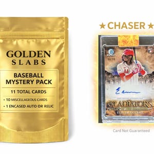 May include: A golden baseball mystery pack with the text "GOLDEN SLABS" and "BASEBALL MYSTERY PACK". It contains 11 total cards, including 10 miscellaneous cards and 1 encased auto or relic. A baseball card is displayed next to the pack.